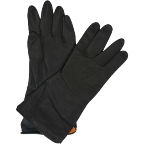 Black rubber builders gloves, elbow-length with textured palm grip and beaded cuff.