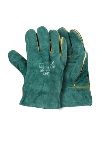 Green leather welding gloves with heat-resistant fleece lining, for spark and heat protection.