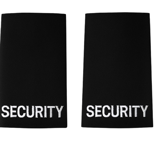 Pair of black uniform epaulettes with "Security" embroidered in bold white lettering, featuring elastic tie-backs for easy attachment.