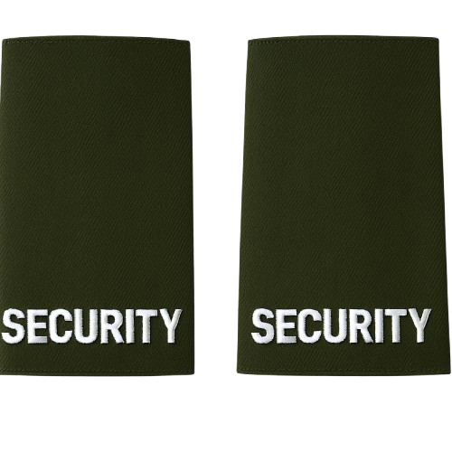 Pair of black uniform epaulettes with "Security" embroidered in bold white lettering, featuring elastic tie-backs for easy attachment.