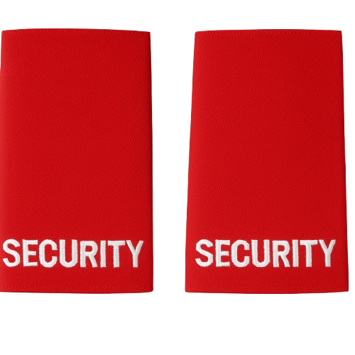 Pair of black uniform epaulettes with "Security" embroidered in bold white lettering, featuring elastic tie-backs for easy attachment.