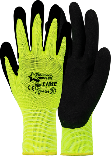 Flex Lime high-dexterity safety gloves with crinkle latex palm and comfortable micro-foam liner.