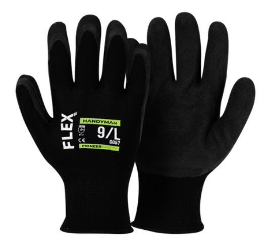 Flex Handyman safety gloves with black crinkle latex palm and breathable nylon back.