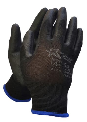 Lightweight black PU coated safety gloves on a hand, showing the flexible nylon back and coated palm.