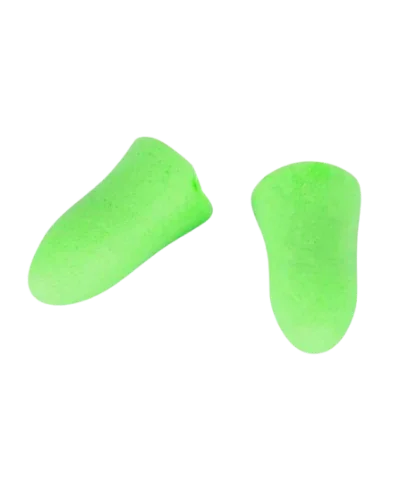 Bright green uncorded disposable PU foam earplugs in individual plastic packaging