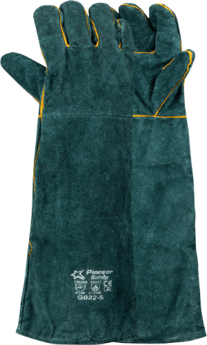 Elbow-length green leather welding gloves with 8" forearm coverage.