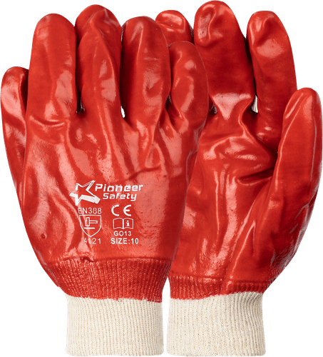 Red PVC coated safety gloves with knit wrist, shown for industrial and chemical handling PPE.