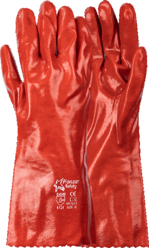 Elbow-length red PVC safety gloves with open cuff, displayed for chemical and industrial PPE.