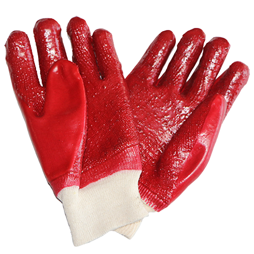 Red PVC safety gloves with knit wrist cuff and textured terry palm for industrial grip.
