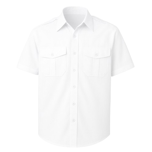 Short sleeve pilot shirt with epaulettes, buttoned chest pockets, and mock cuffs – ideal for professional uniform use in security and aviation