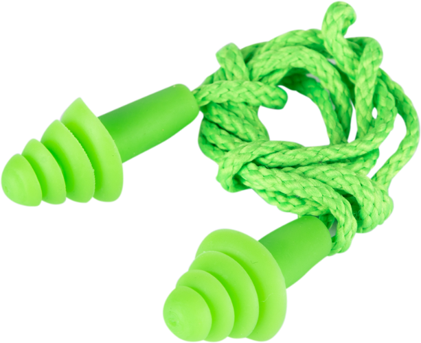 Green tri-flange reusable silicone earplugs with a safety cord, shown in individual packaging.