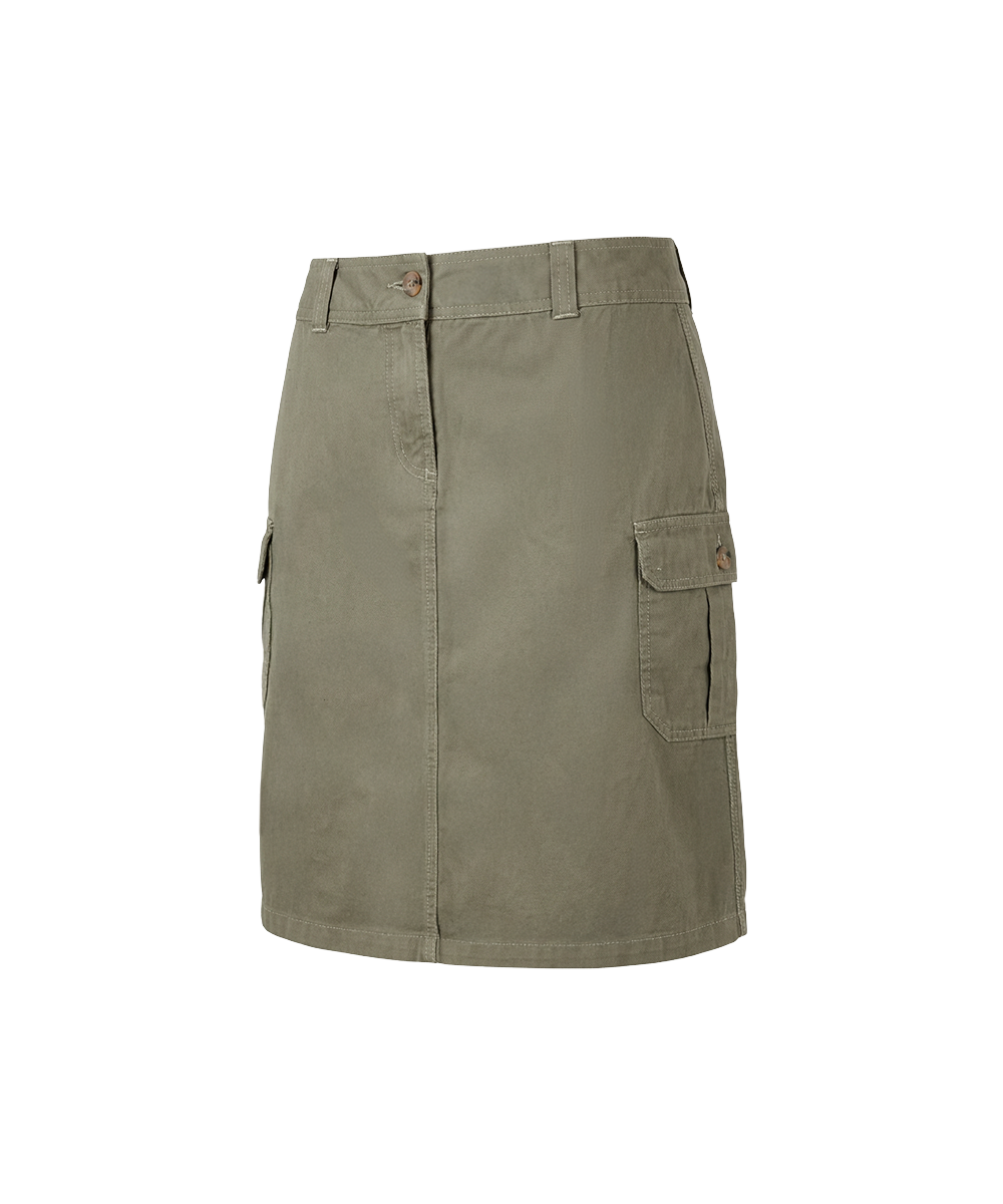 An olive green cargo-style mini skirt with a front button closure, belt loops, and side cargo pockets, shown against a plain white background.