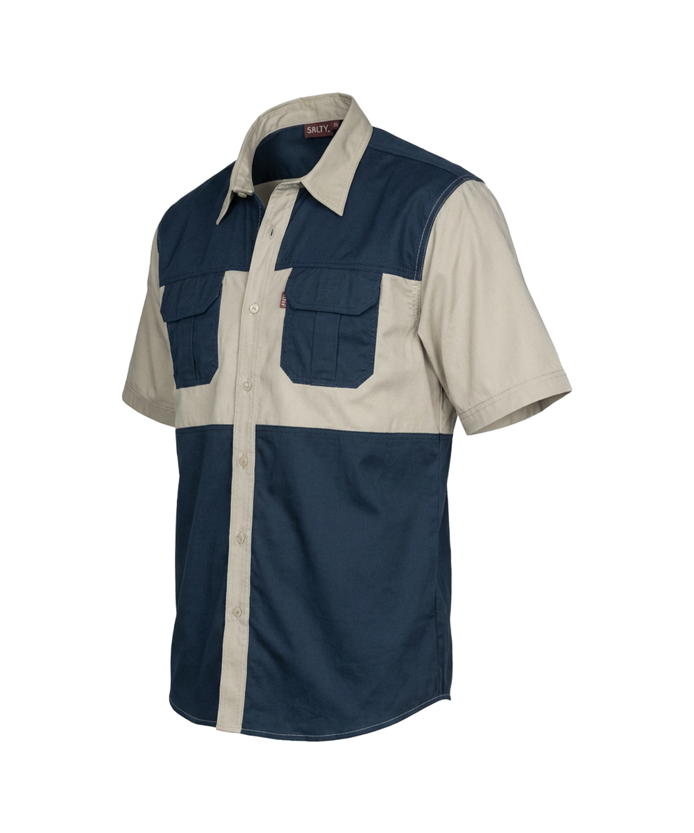Two-tone shirt with navy and beige colors on a white background
