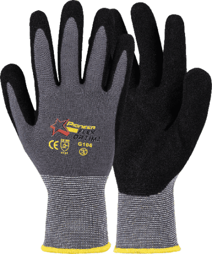 Flex Optima general purpose safety gloves with black crinkle latex palm and breathable nylon back.