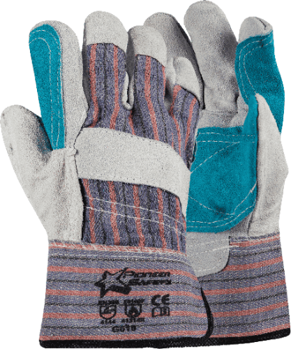 Candy stripe rigger gloves with reinforced chrome leather palm, thumb, and fingertips.