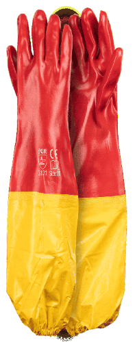 Red PVC shoulder-length chemical gloves with yellow attachment and smooth palm.