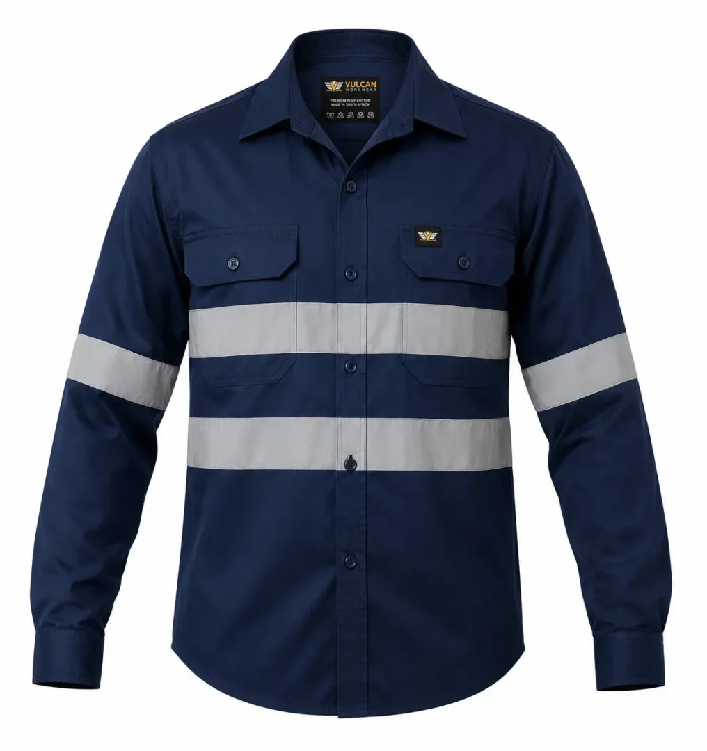 Vulcan Vented Reflective Mining Shirt with high-visibility reflective tape and vented back, made from 100% cotton for mining and industrial work.