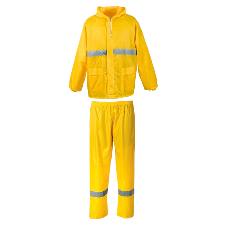 Rubberized rainwear including yellow and navy raincoats and rain suits, reflective and non-reflective versions for industrial use