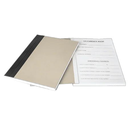 Security occurrence book, entry control register, incident log book, pocket book and other security registers for professional use