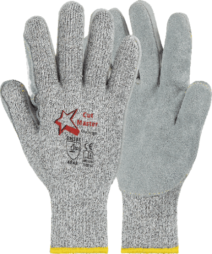Cut Level 5 cut-resistant safety gloves with leather palm for metal and glass handling.

