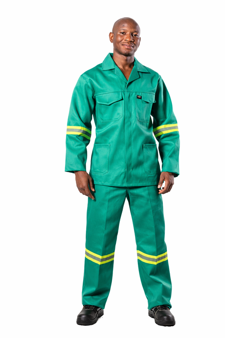 Vulcan D59 Flame Resistant Fern Green Conti Suit with reflective tape, designed for mining, welding and industrial workplace protection.