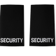 Pair of black uniform epaulettes with "Security" embroidered in bold white lettering, featuring elastic tie-backs for easy attachment.