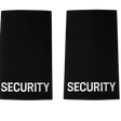Pair of black uniform epaulettes with "Security" embroidered in bold white lettering, featuring elastic tie-backs for easy attachment.