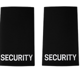 Pair of black uniform epaulettes with "Security" embroidered in bold white lettering, featuring elastic tie-backs for easy attachment.