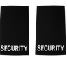 Pair of black uniform epaulettes with "Security" embroidered in bold white lettering, featuring elastic tie-backs for easy attachment.