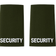 Pair of black uniform epaulettes with "Security" embroidered in bold white lettering, featuring elastic tie-backs for easy attachment.