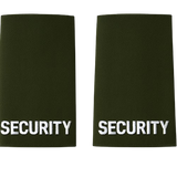 Pair of black uniform epaulettes with "Security" embroidered in bold white lettering, featuring elastic tie-backs for easy attachment.