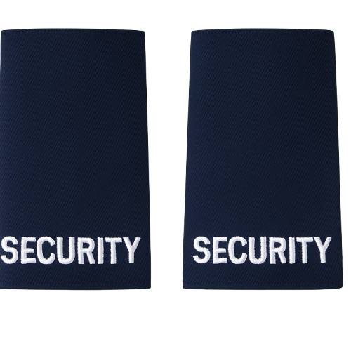 Pair of black uniform epaulettes with "Security" embroidered in bold white lettering, featuring elastic tie-backs for easy attachment.