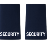 Pair of black uniform epaulettes with "Security" embroidered in bold white lettering, featuring elastic tie-backs for easy attachment.