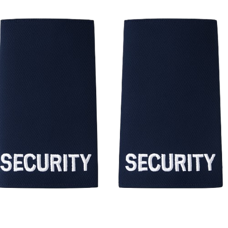 Pair of black uniform epaulettes with "Security" embroidered in bold white lettering, featuring elastic tie-backs for easy attachment.