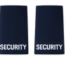 Pair of black uniform epaulettes with "Security" embroidered in bold white lettering, featuring elastic tie-backs for easy attachment.