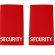 Pair of black uniform epaulettes with "Security" embroidered in bold white lettering, featuring elastic tie-backs for easy attachment.
