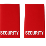 Pair of black uniform epaulettes with "Security" embroidered in bold white lettering, featuring elastic tie-backs for easy attachment.