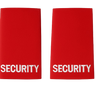 Pair of black uniform epaulettes with "Security" embroidered in bold white lettering, featuring elastic tie-backs for easy attachment.
