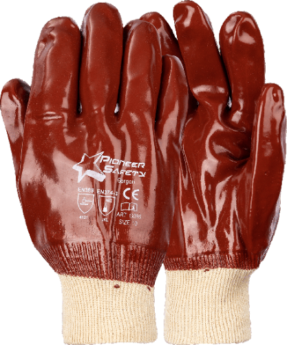 Gorgon Brown heavy duty PVC safety gloves with knit wrist and smooth palm.

