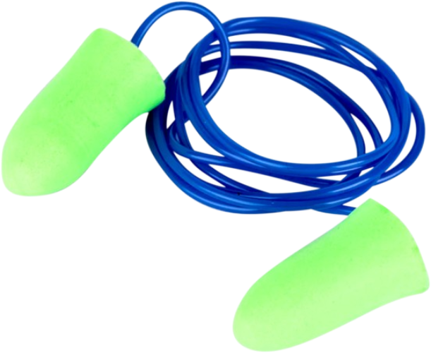 CraftPro corded PU foam earplugs in sealed individual packaging, bright orange for high visibility.


