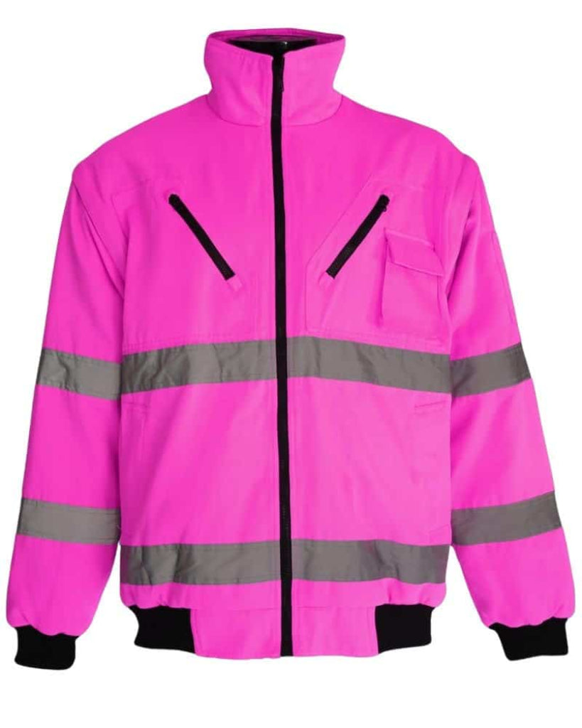 Pioneer Hi-Viz Reflective Bomber Jacket with Zip-Off Sleeves – Quilted, Waterproof, and Convertible Woman Pink