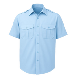 Short sleeve pilot shirt with epaulettes, buttoned chest pockets, and mock cuffs – ideal for professional uniform use in security and aviation

