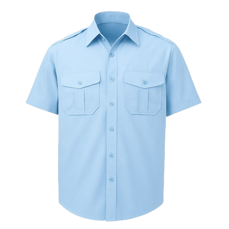 Short sleeve pilot shirt with epaulettes, buttoned chest pockets, and mock cuffs – ideal for professional uniform use in security and aviation

