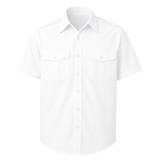 Short sleeve pilot shirt with epaulettes, buttoned chest pockets, and mock cuffs – ideal for professional uniform use in security and aviation


