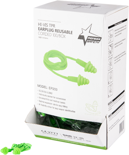 Tri-Flange Reusable Corded Silicone Earplugs – Green – Box of 100 – CraftPro

