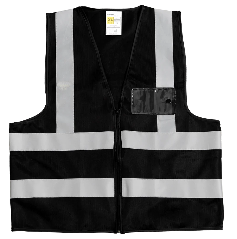 Black Hi-Vis Reflective Safety Vest with silver reflective tape, lightweight safety vest for security, construction, traffic control, warehouse, industrial, and event staff.