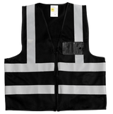 Black Hi-Vis Reflective Safety Vest with silver reflective tape, lightweight safety vest for security, construction, traffic control, warehouse, industrial, and event staff.