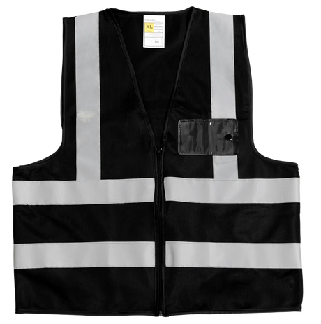 Black Hi-Vis Reflective Safety Vest with silver reflective tape, lightweight safety vest for security, construction, traffic control, warehouse, industrial, and event staff.