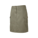 An olive green cargo-style mini skirt with a front button closure, belt loops, and side cargo pockets, shown against a plain white background.