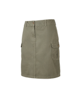 An olive green cargo-style mini skirt with a front button closure, belt loops, and side cargo pockets, shown against a plain white background.